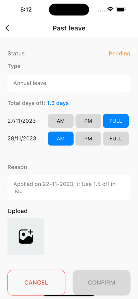 IMPL ERP - Pantalla de la aplicación móvil que muestra los detalles de una solicitud de licencia anual pendiente en el sistema IMPL ERP