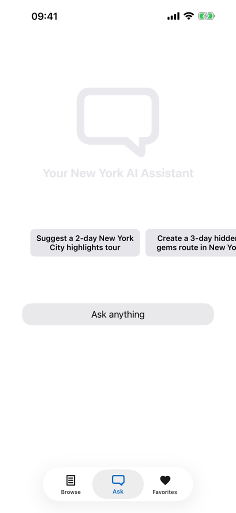 New York travel app AI assistant screen with itinerary planning suggestions