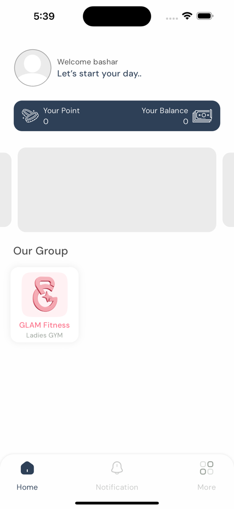 M.H.G. - Schermata principale dell'app fitness MHG che mostra il saldo dei punti utente e i gruppi di palestre affiliati