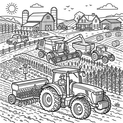 Immerse yourself in the vibrant world of agriculture with this detailed coloring page featuring powerful farm vehicles. Bring tractors, combines, and the whole farm scene to life with your favorite colors and creative flair.