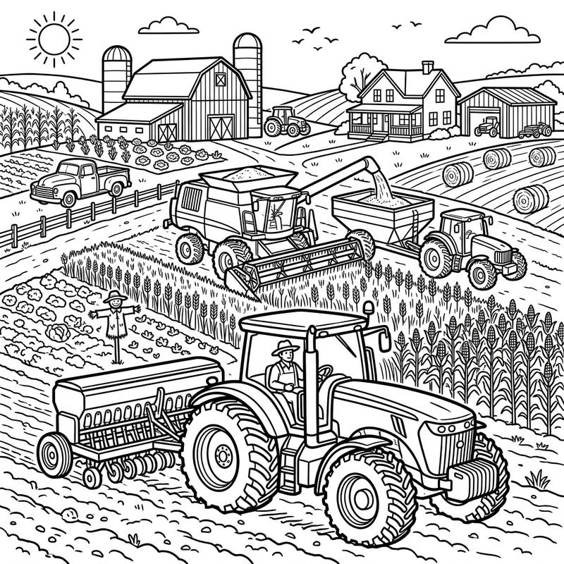 Immerse yourself in the vibrant world of agriculture with this detailed coloring page featuring powerful farm vehicles. Bring tractors, combines, and the whole farm scene to life with your favorite colors and creative flair.