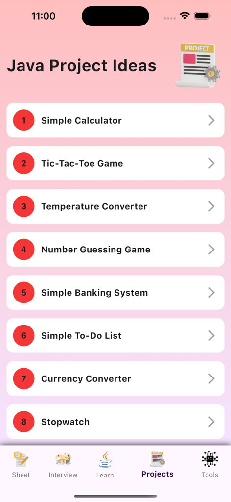 Screenshot of the Java Project Ideas screen showing a list of beginner coding projects like Simple Calculator and Tic-Tac-Toe Game