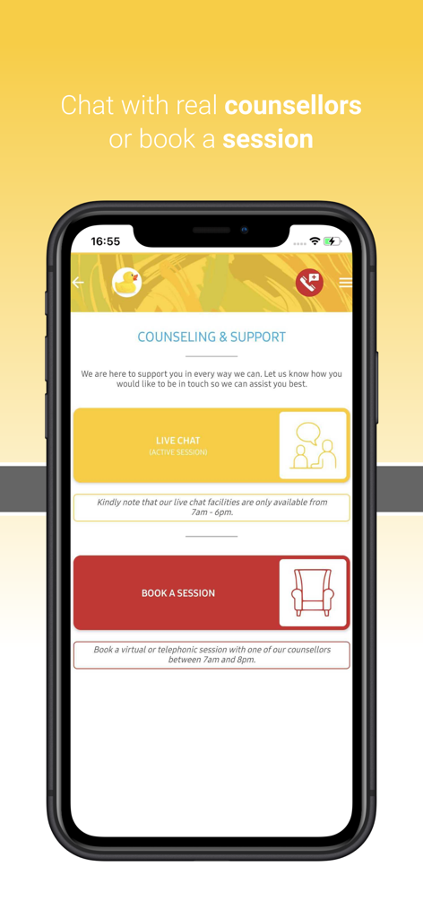 Reality Wellness Group - Interfaz de la aplicación Reality Wellness que muestra botones para chat en vivo y reserva de una sesión de consejería