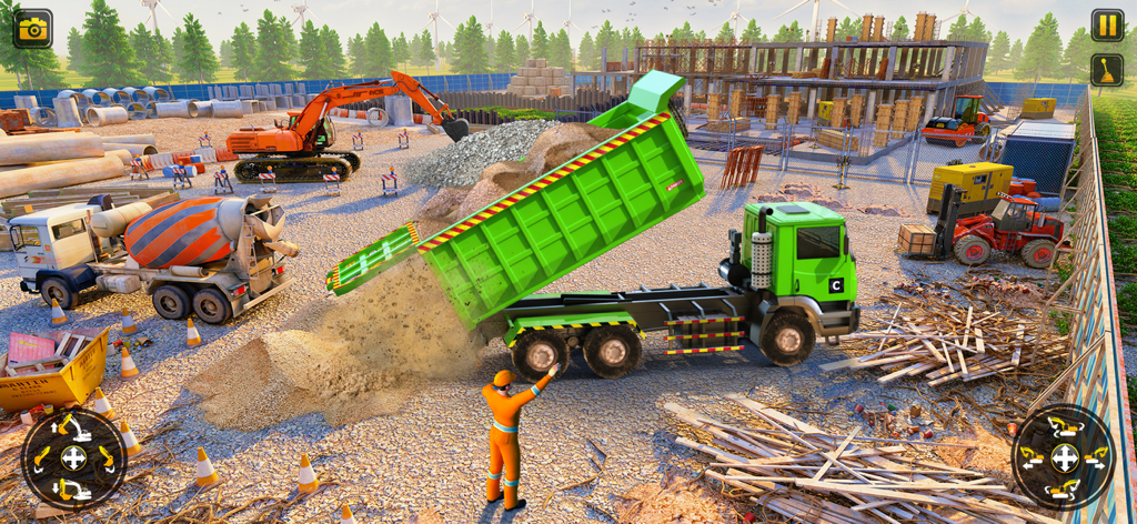 Construction Excavator Game 3d - Jogabilidade 3D mostrando um caminhão basculante verde descarregando areia em um canteiro de obras com uma escavadora laranja