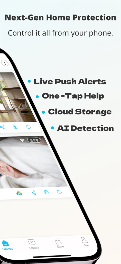 blurams - Pantalla de teléfono inteligente que muestra la interfaz de la aplicación blurams con funciones como alertas push en vivo, detección de IA y almacenamiento en la nube.