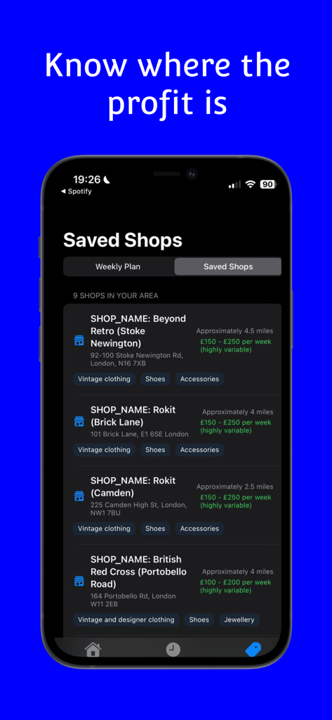 Upas app interface showing a list of saved thrift shops with location and profit estimates