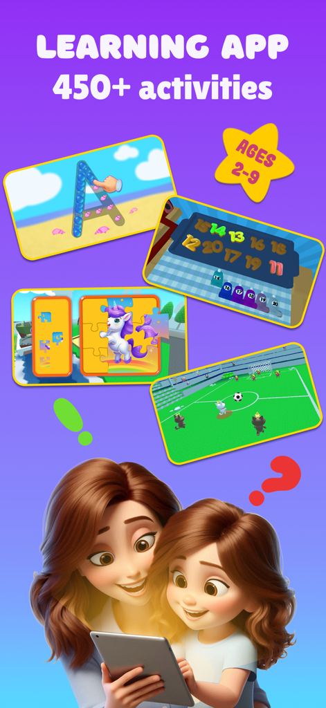 Mother and child using a tablet to explore Kidduca 3D educational activities including puzzles, letter tracing, and number games for ages 2 to 9.