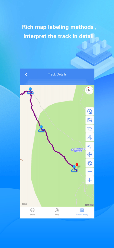 Share Tracks 앱의 사진 마커 및 탐색 아이콘이 있는 지도상의 GPS 트랙 세부 정보