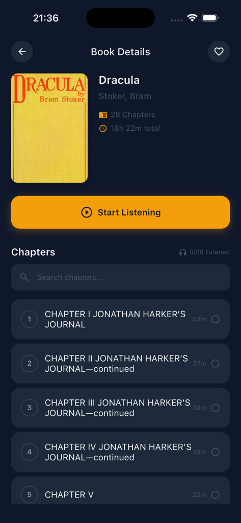 Eist - Audiobook Reader - Eistオーディオブックリーダーの書籍詳細画面。ドラキュラの章とリスニング時間を示している。