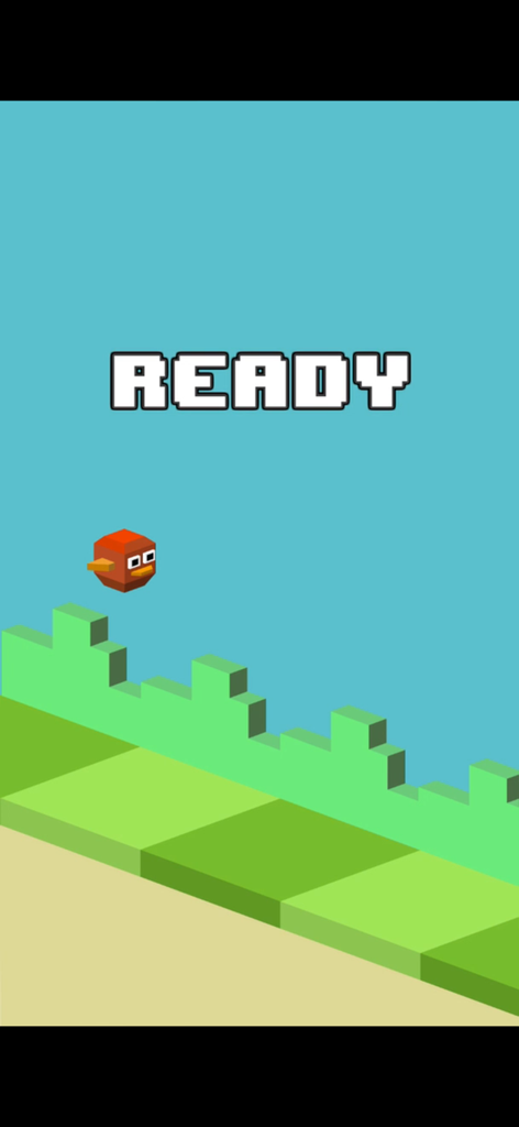 Ready screen of the Balloon Bird mobile game featuring a pixel art bird and blocky terrain