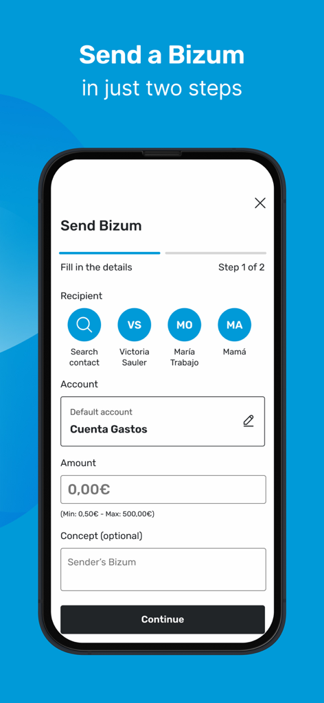 CaixaBankNow: Online banking - Uma tela de telefone celular mostrando como enviar um pagamento Bizum usando o aplicativo CaixaBankNow.