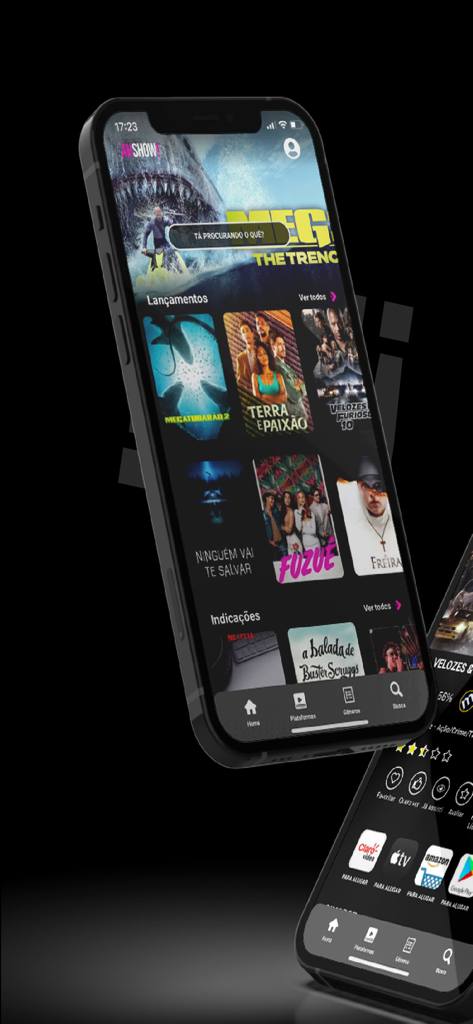 AhShow! - Tela inicial do aplicativo AhShow! em um iPhone mostrando pôsteres de filmes em alta e categorias de streaming.