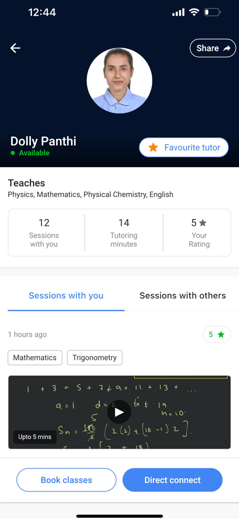 Filo: Homework & Exam Help - Interface of the Filo app showing a tutor profile with expertise in math and physics and options for instant direct connection