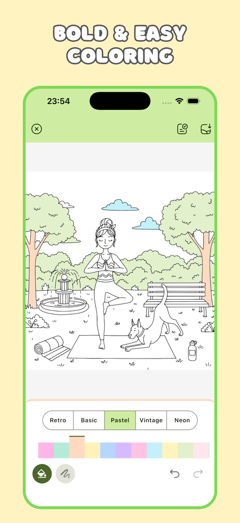 Cozy Coloring Book for Adults - A bold and easy digital coloring page featuring a woman and her dog practicing yoga in a park.