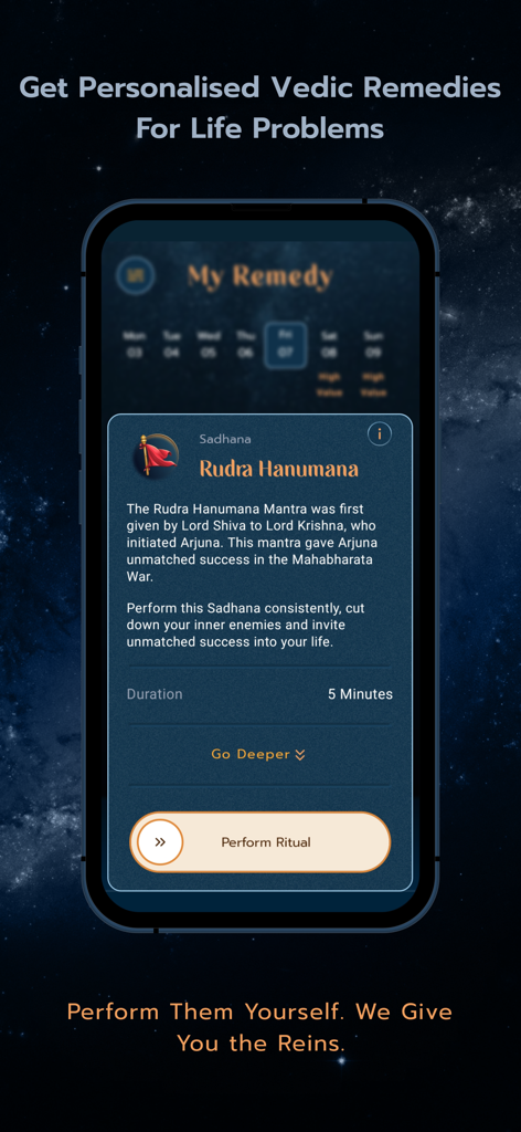 Astro Sadhana: Vedic Astrology - A mobile app screen showing a personalized Vedic remedy for Rudra Hanumana with a button to perform the ritual.