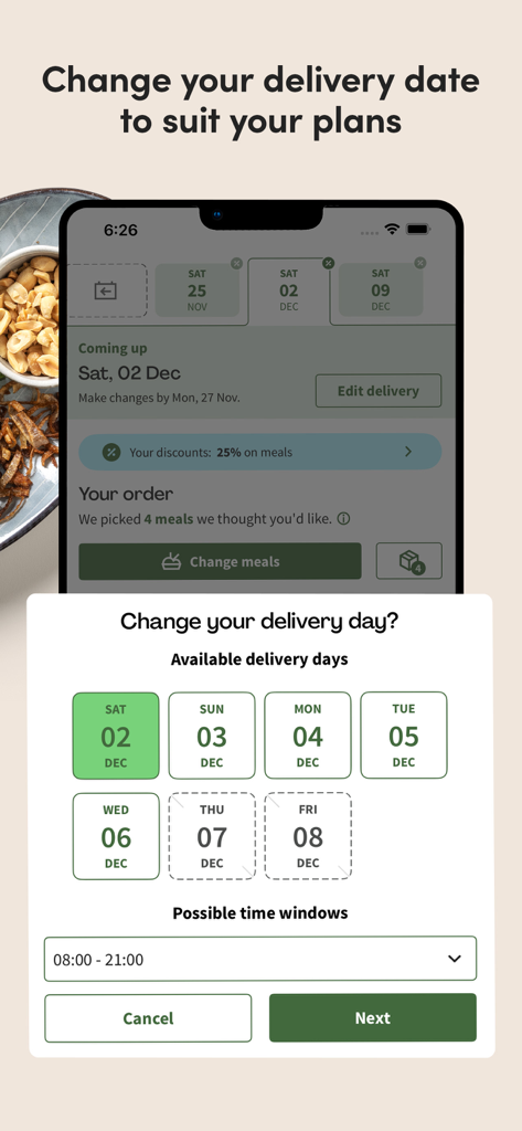 Interface of the Green Chef app showing the options to change a meal kit delivery date and select a time window