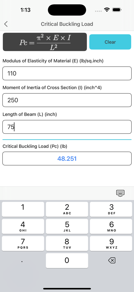Critical buckling load calculation screen in the Beam Engineering mobile app showing a formula and input fields for engineering parameters.