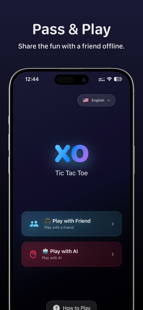 XO Glow: Party Tic Tac Toe - Menú principal de XO Glow Ta Te Ti mostrando las opciones de jugar con amigos y con IA
