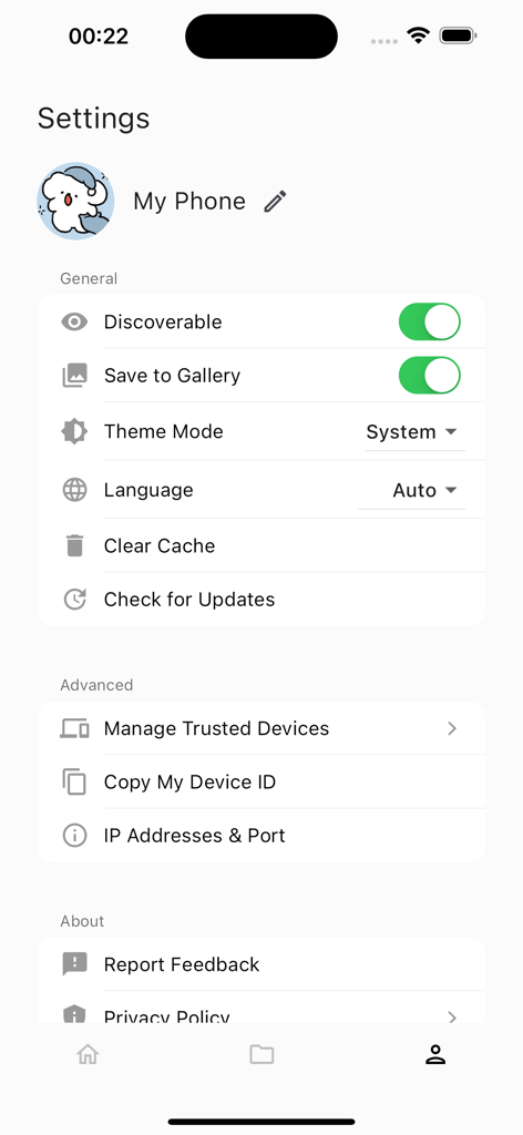 LANDrop app settings screen showing general and advanced configuration options including discoverability and trusted device management