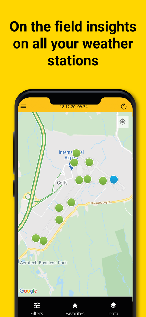 RWIS - RWIS App-Oberfläche mit Wetterstationsstandorten auf einer Flughafenkarte.