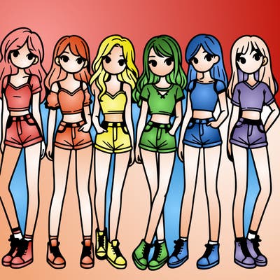 a group of girls wearing crop tops and shorts