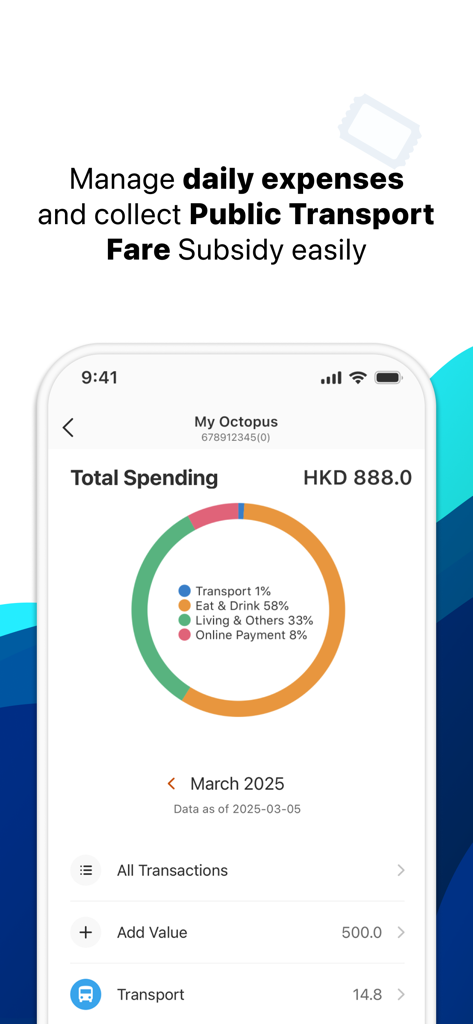 Octopus app interface displaying a total spending breakdown chart and transaction history options