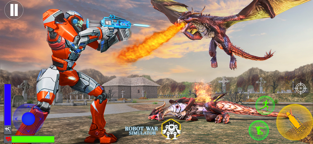 Robot Car Transform Wars Games - A giant orange robot fighting a fire breathing dragon in a survival war game.