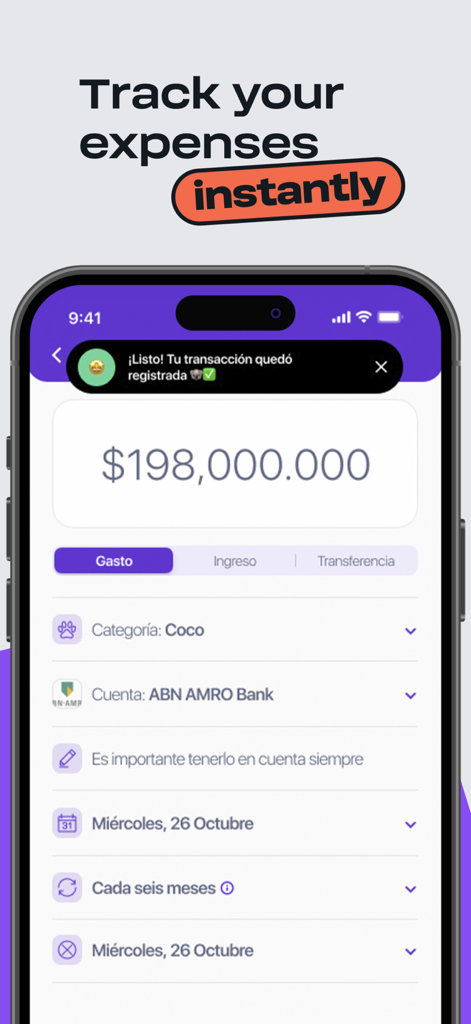 Kebo app interface for tracking expenses with automated bank connection and category selection
