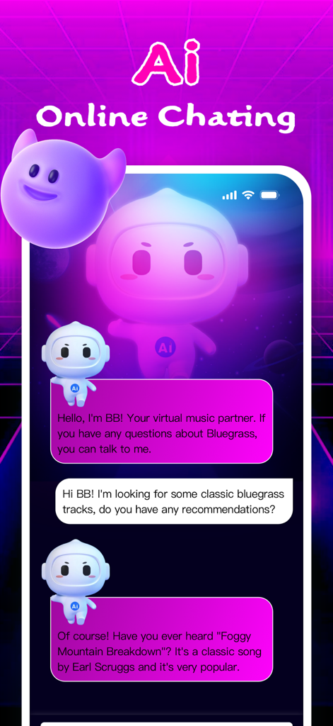 Rifya app screen showing an AI assistant named BB providing bluegrass music song recommendations in a chat interface