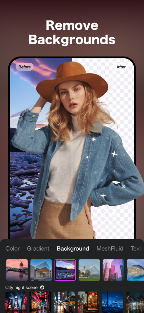 Picsoft AI Photo Editor - Eine Vorher-Nachher-Schieberegler-Demonstration des KI-Tools zur Hintergrundentfernung in der Picsoft-Fotobearbeitungs-App