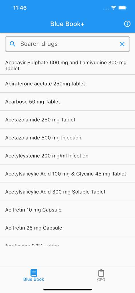 Blue Book+ CPG Malaysia - Search screen in the Blue Book plus app showing a list of drugs and dosages