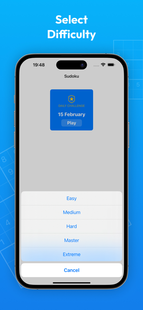 Schermata mobile che mostra i livelli di difficoltà del Sudoku da Facile a Estremo e una Sfida Giornaliera.