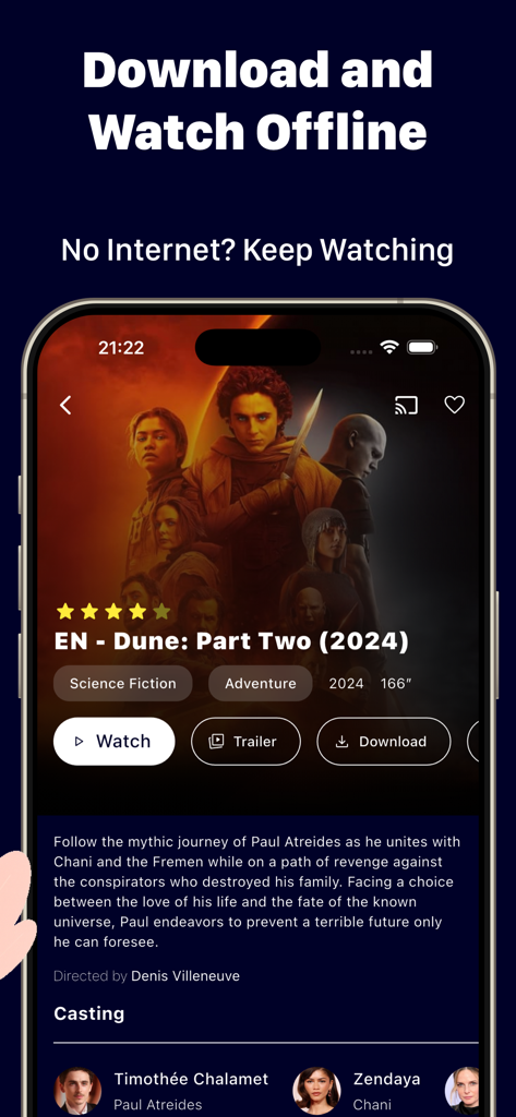 IPTV One Player - IPTV One Player app interface showing the movie Dune Part Two with options to watch trailer or download for offline viewing.