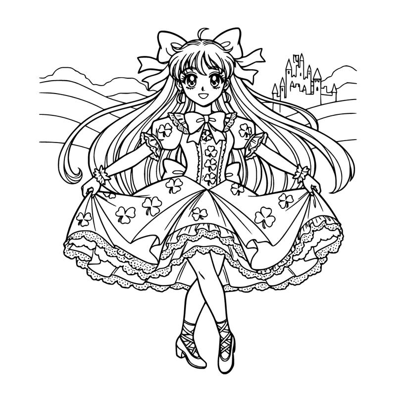 pretty girl in girly and frilly irish dancing costume with long flowing pigtails with ribbons in her hair