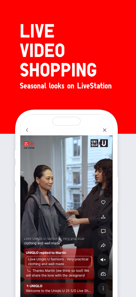 UNIQLO app LiveStation interface showcasing interactive live video shopping with real-time customer interaction