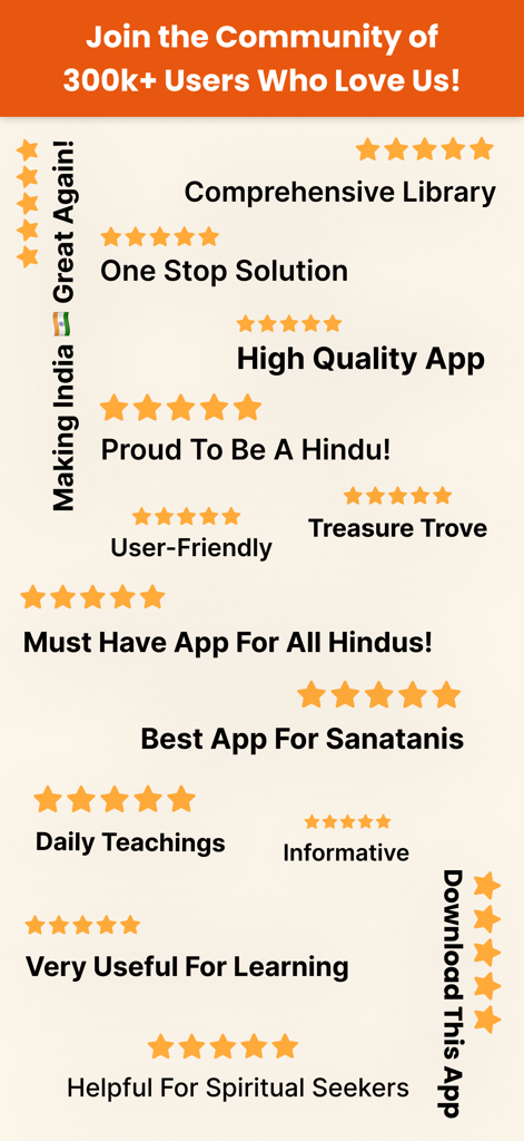 A promotional graphic displaying positive five star user reviews and ratings for the Vignanam spiritual knowledge app.