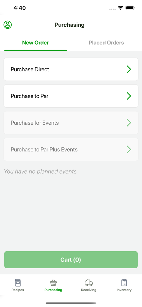 ParsleyApp - ParsleyApp mobile interface showing professional kitchen purchasing and order management options.
