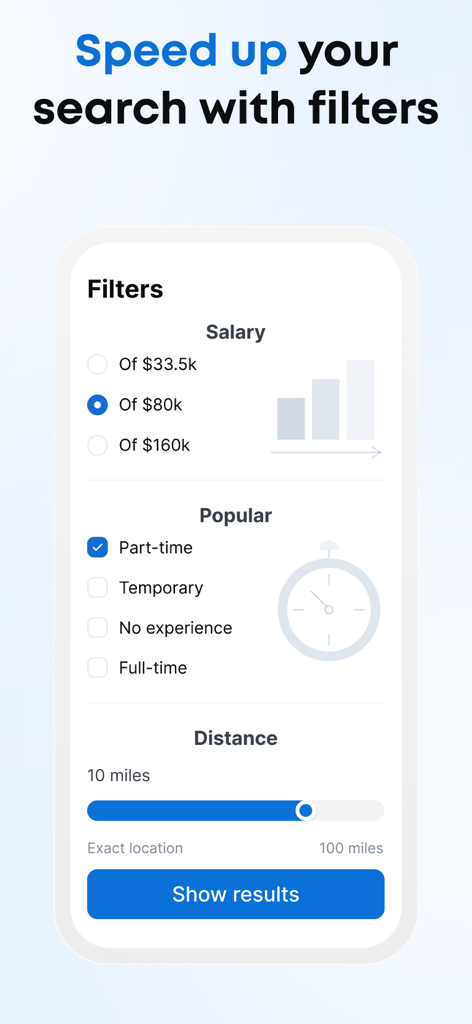 Interfaz de la aplicación Jooble que muestra filtros de búsqueda para salario, tipo de empleo y distancia.