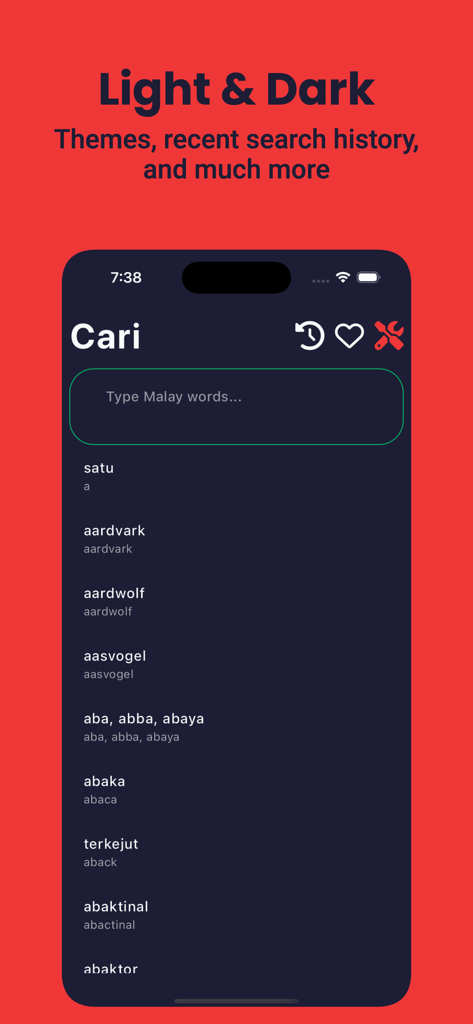 Malay Dictionary - Dict Box - Malay Dictionary app dark mode screen showing word list and search history