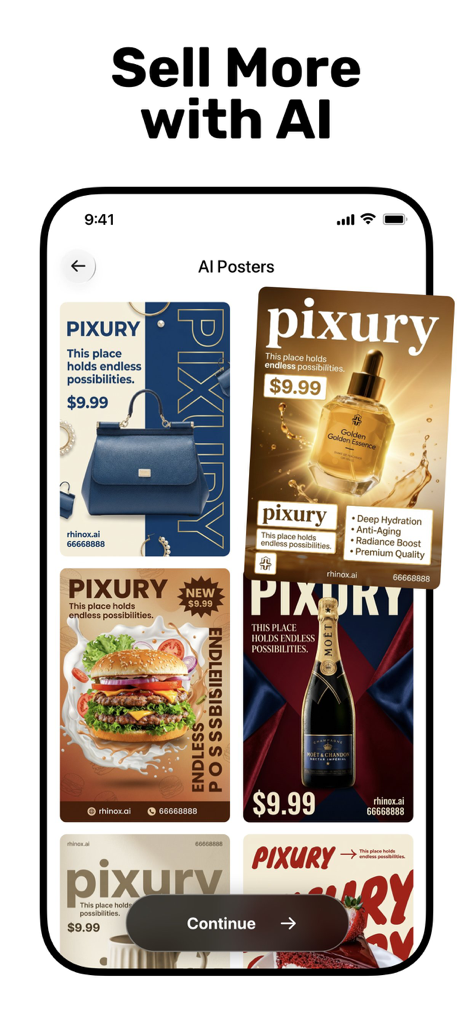 AI Product Video & Ad - Pixury - Ein mobiler App-Bildschirm, der verschiedene KI-generierte Produktmarketing-Poster für Handtaschen, Skincare und Lebensmittel anzeigt.