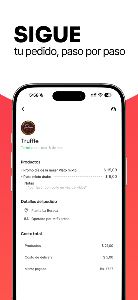 PatiYA - App Delivery - PatiYA app interface displaying order details tracking and total costs for food delivery