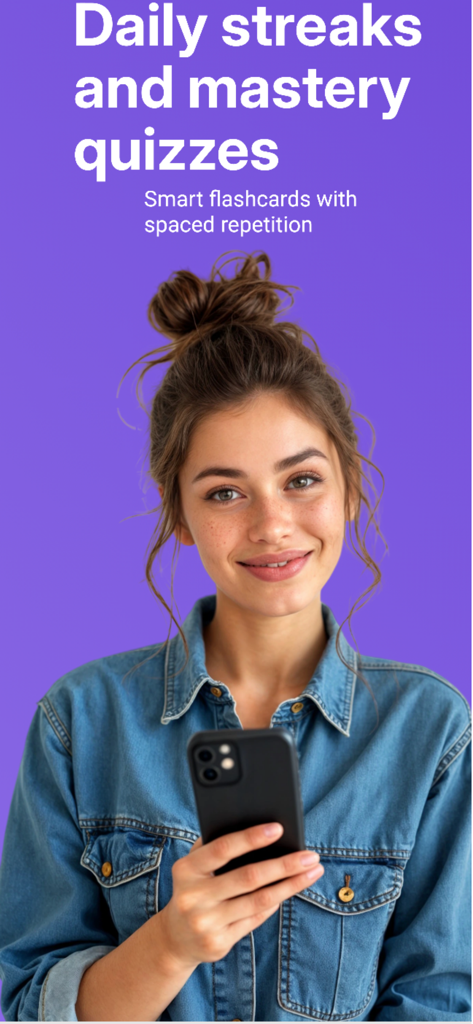 3000 Words Learn English Daily - Young woman using 3000 Words app for daily English vocabulary quizzes and mastery streaks