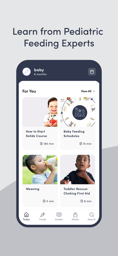 Interface de l'application Solid Starts montrant des cours d'alimentation pour bébé et des guides de sevrage par des experts pédiatriques.