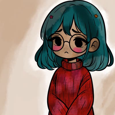 sad girl with glasses in a sweater