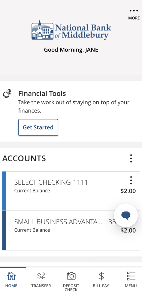 National Bank of Middlebury - Home screen of the National Bank of Middlebury mobile app showing account balances and financial tools.