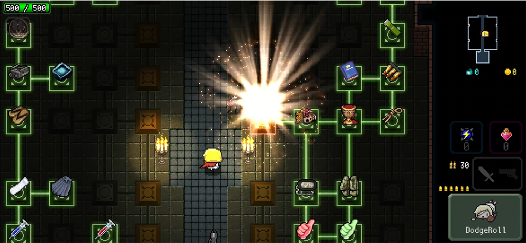 RASPBERRY MASH - Juego de pixel art de Raspberry Mash que muestra al protagonista y un árbol de habilidades de mejora en una mazmorra