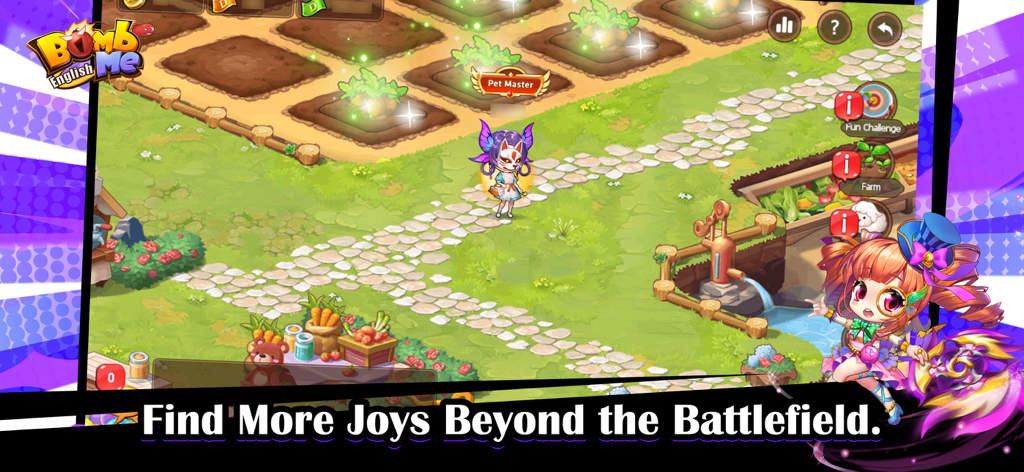 Bomb Me English - Bomb Me English screenshot featuring the in-game farm system and cute anime characters.
