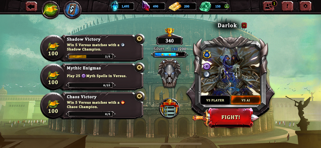 Runestrike CCG Menübildschirm mit Kampf-Quests und Champion-Auswahl