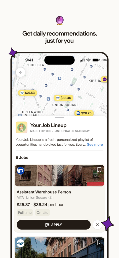 Bandana Job Search - Bandana Job Search app interface showing personalized job recommendations on an interactive map with hourly wages