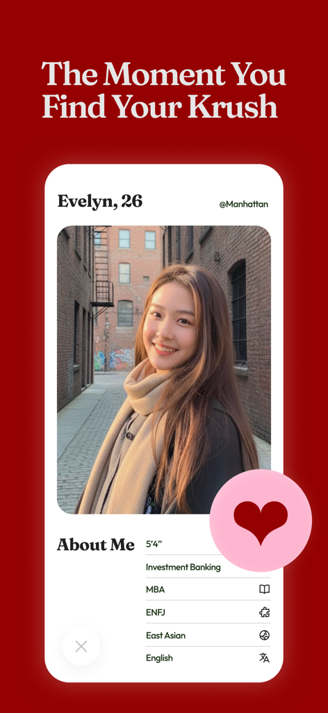 A user profile for a member named Evelyn on the Krush Asian dating and social app, showing a photo and personal details.